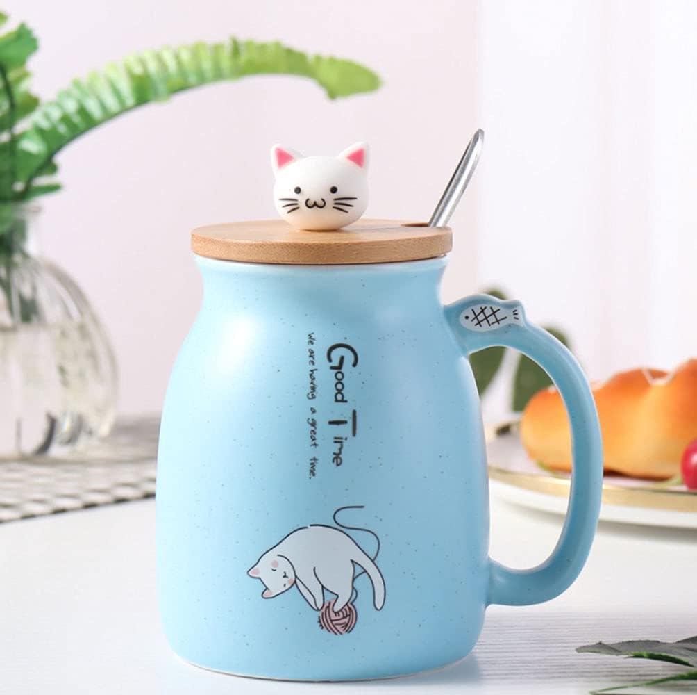 Tasse "Cat" aus Keramik mit verspieltem Holzdeckel, 420 ml