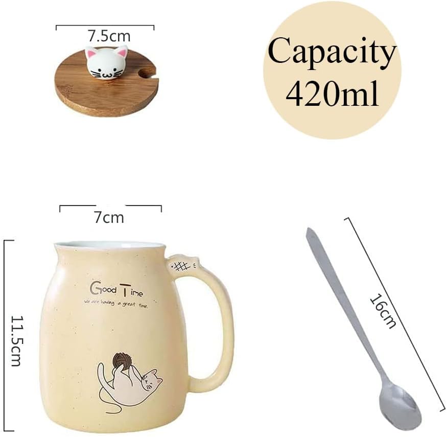 Tasse "Cat" aus Keramik mit verspieltem Holzdeckel, 420 ml