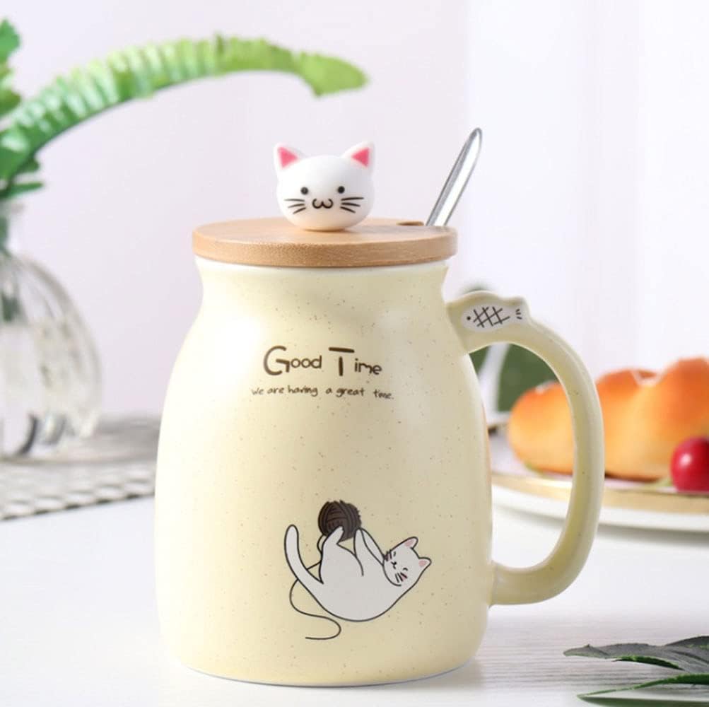 Tasse "Cat" aus Keramik mit verspieltem Holzdeckel, 420 ml