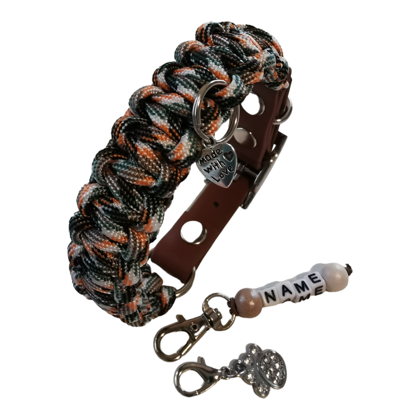 Hundehalsband" petit camou" aus Paracord - handmade für Welpen und kleine Hunde mit Namensanhänger