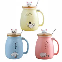 Tasse "Cat" aus Keramik mit verspieltem Holzdeckel, 420 ml